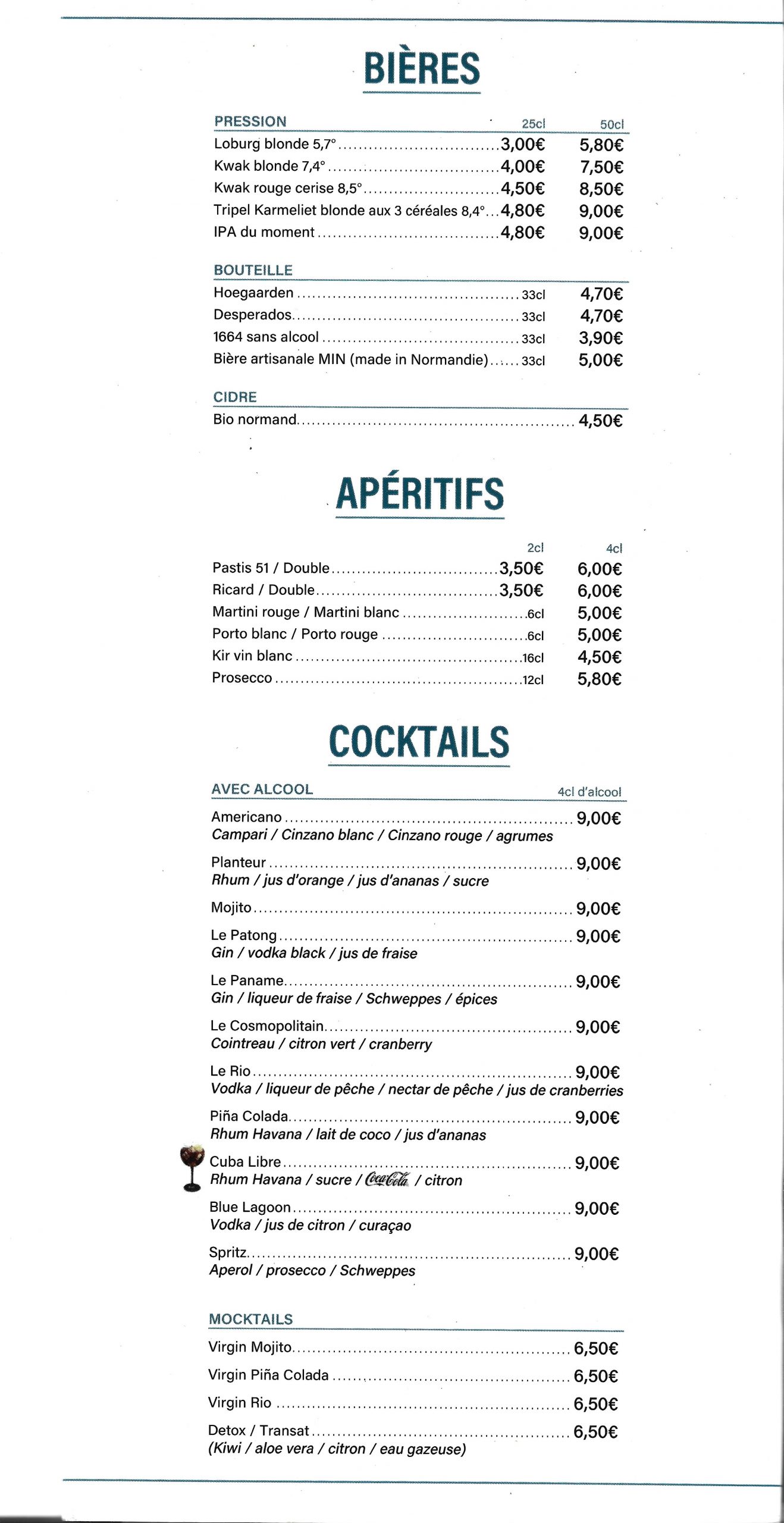 Carte des boissons — page 1